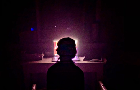 A dark outline of a figure sits at a computer screen as the purple glow illuminates the room.