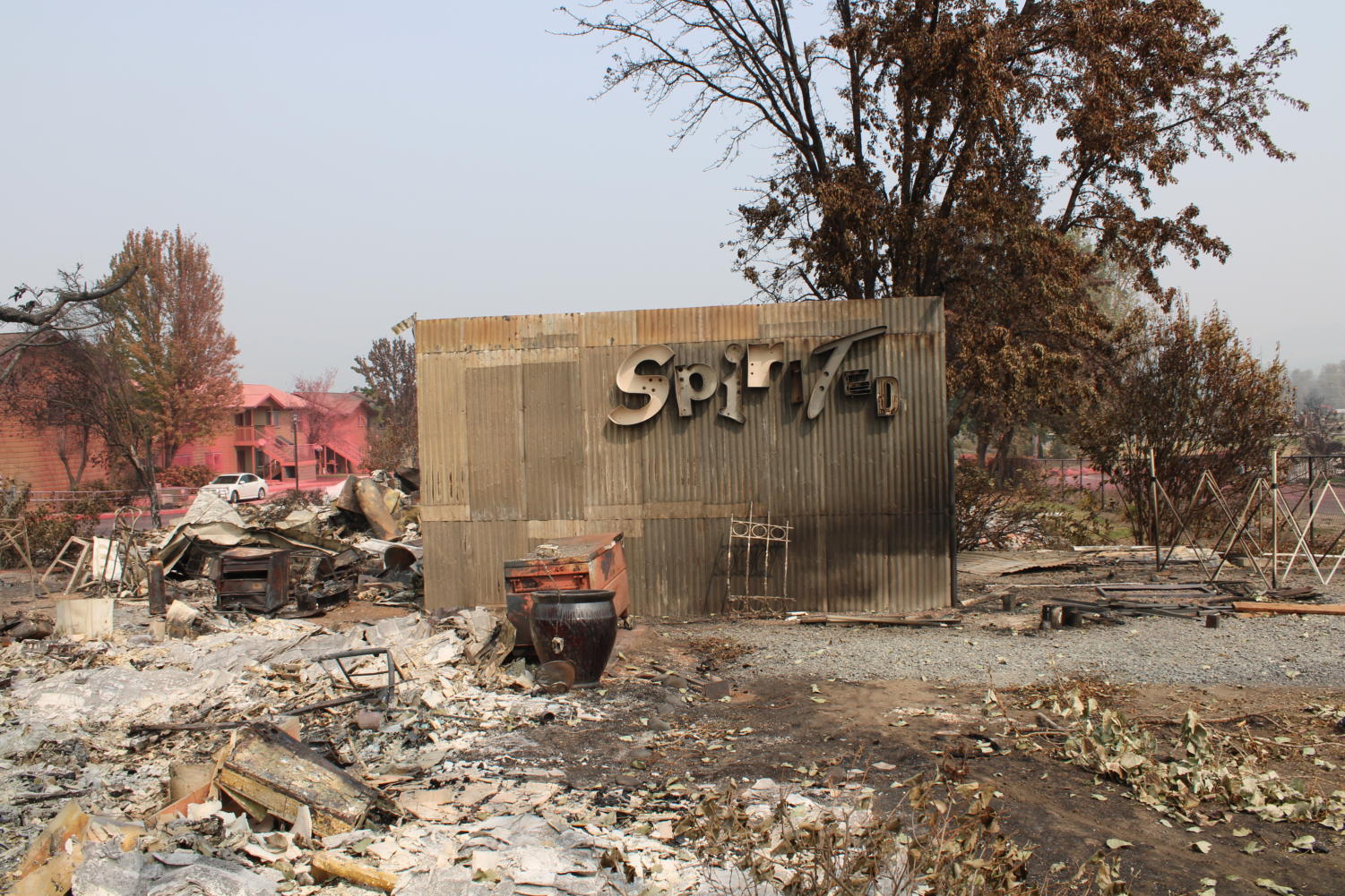 The word Spirited persists on the side of a metal shed in the midst of the Almeda fire devastation.